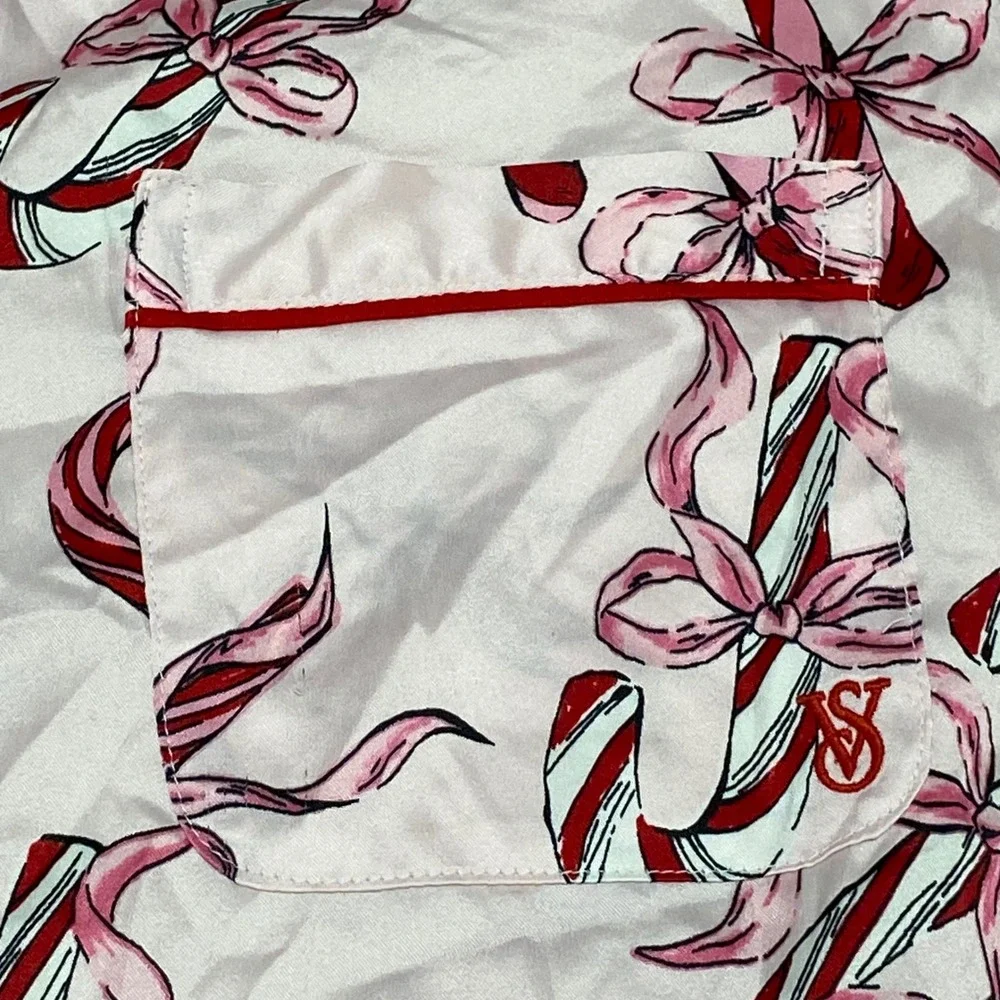 Victoria's Secret Pink Candy Cane Bow Satin Pajama Set L Holiday Sleepwear